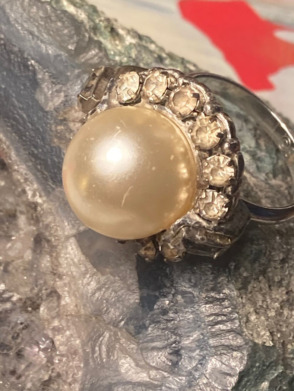 Stunning Vintage Cocktail Ring Faux Pearl + Rhinestones Statement Piece!
